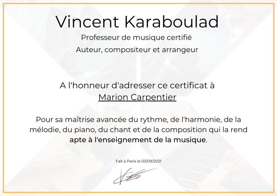 Certificat d’aptitude à l’enseignement musical délivré par Vincent Karaboulad